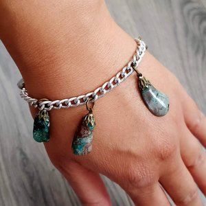 Vintage Mult-Stone Charm Bracelet Silver -7" Long